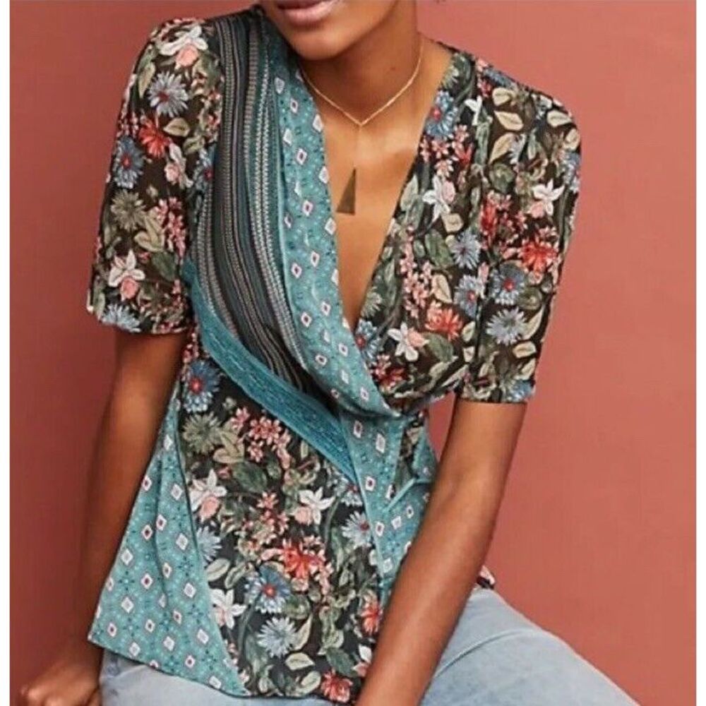 NWT Anthropologie Tiny "Lovely Patchwork" Sheer Wrap Top Sz XS $118